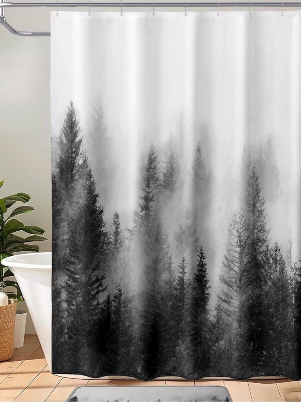 ORTIGIA Black and White Misty Forest Shower Curtain for Bathroom, Nature 72x72